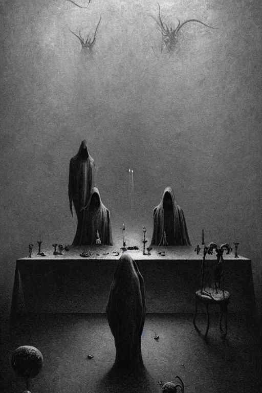 Image similar to the devil came for us, by zdzislaw beksinski, by dariusz zawadzki, by john jude palencar, gothic, surrealism, cosmic horror, lovecraftian, cold hue's, warm tone gradient background, concept art, first person view, scene in dining room, beautiful composition