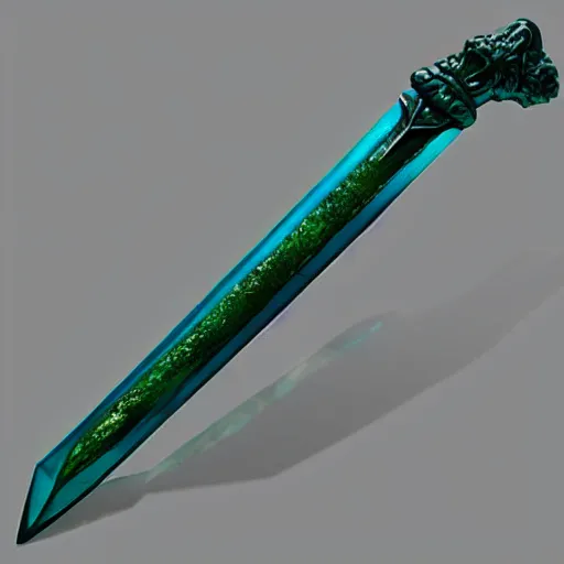 Image similar to photograph of a large green and teal crystal sword with a gold sword hilt