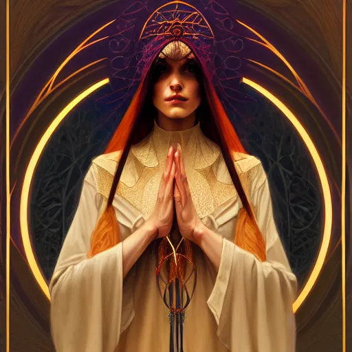 Image similar to character concept portrait of the oracle, a modest woman blessed by god to divine the future, tall and virtuous, symmetry, modestly clothed, intricate, elegant, highly detailed, digital painting, artstation, concept art, smooth, sharp focus, illustration, art by gaston bussiere and alphone mucha