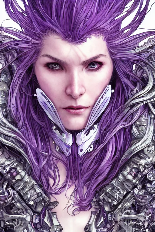 Image similar to extreme close up facial portrait, pale woman with flowing purple hair in sci - fi armor, bionic armor, stoic, powerful, by artgerm and yoshitaka amano and moebius and alphonse mucha, hyperdetailed, dc comics, ornate, nebula, detailed, yoji shinkawa, trending on artstation