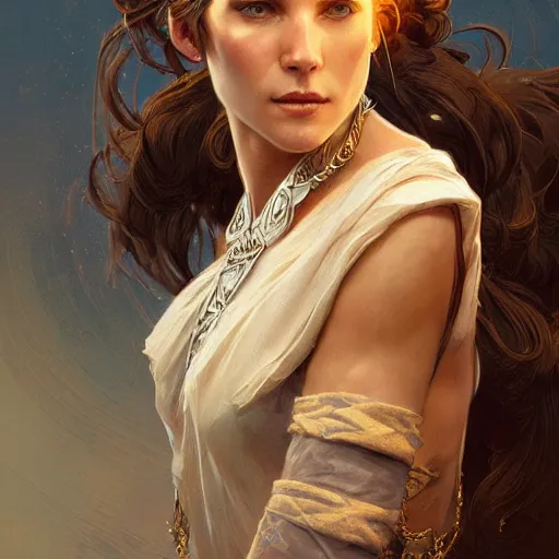 Image similar to portrait of a rugged queen, D&D, fantasy, intricate, elegant, highly detailed, digital painting, artstation, concept art, smooth, sharp focus, illustration, art by artgerm and greg rutkowski and alphonse mucha