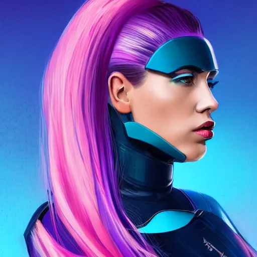 Image similar to a stunning upper body portrait of a beautiful young woman wearing futuristic navy blue and teal battle bodyarmor, ombre purple and pink hairstyle, hair blowing in the wind by marvel comics, digital art, trending on artstation