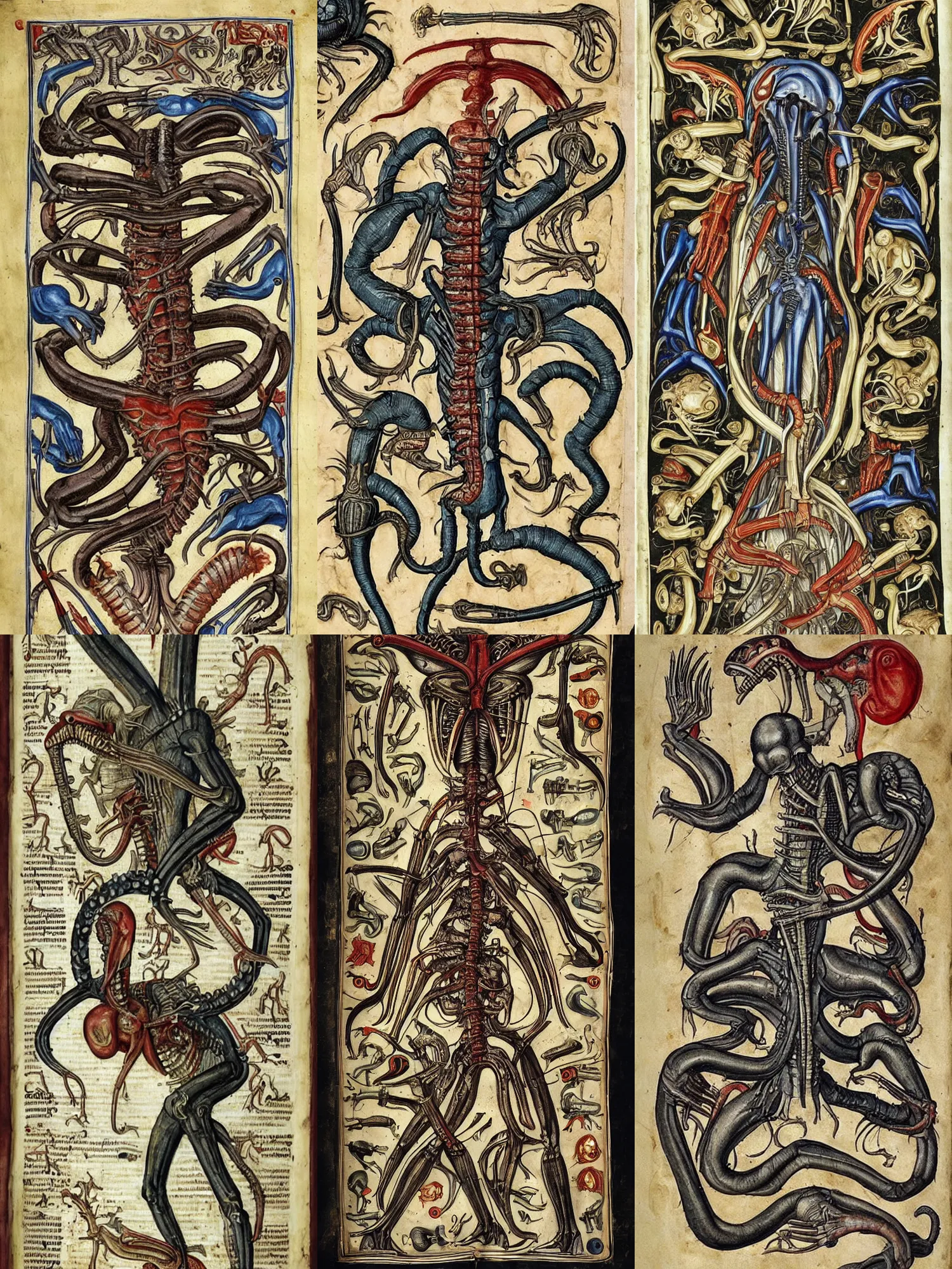 Prompt: medieval illuminated manuscript of a xenomorph ’ s anatomy in the style of h. r. giger