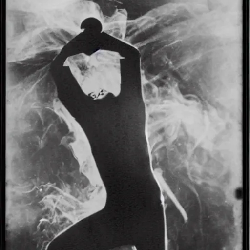 Prompt: 1 9 2 0 s photo of houdini breaking out of his own body, spirit, ghost, spiritism, double exposure, smoke and mirrors