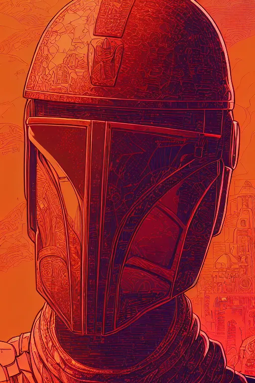 Image similar to closeup potrait of the mandalorian, intricate, volumetric lighting, moebius, geof darrow, frank miller, dan mumford, detailed illustration, digital art, victo ngai, kilian eng, vector art