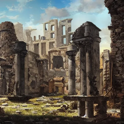 Image similar to High-Quality realist painting of the ruins of a medieval city after a war, ominous, very detailed, digital art.