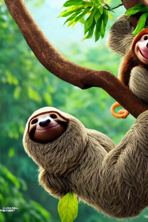 Image similar to happy sloth climbing a tree in a tropical forest holding one cup of coffee . Pixar Disney 4K 3d render funny animation movie Oscar winning trending on ArtStation and Behance. Ratatouille style.
