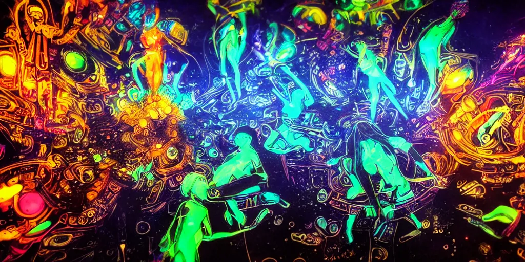 Image similar to art, groups of androids with glowing blacklight bodies, from behind, rebirth, beauty, wide angle, elaborate, wet, highly detailed, smoke, steam, reflections, vivid colors, beautiful lighting