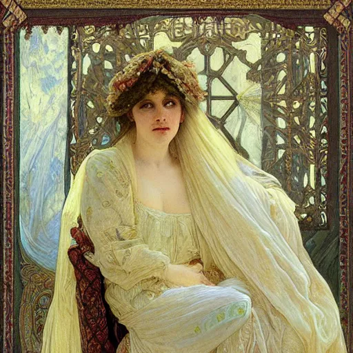 Image similar to a renaissance oil painting of a veiled ghost woman inside an intricately decorated living room by Alma Tadema, by Alphonse Mucha, pastel color scheme, digital painting