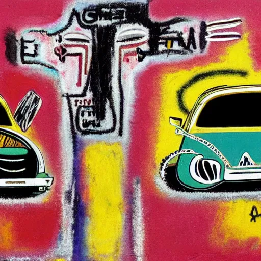 Image similar to pt cruiser on a racetrack, basquiat