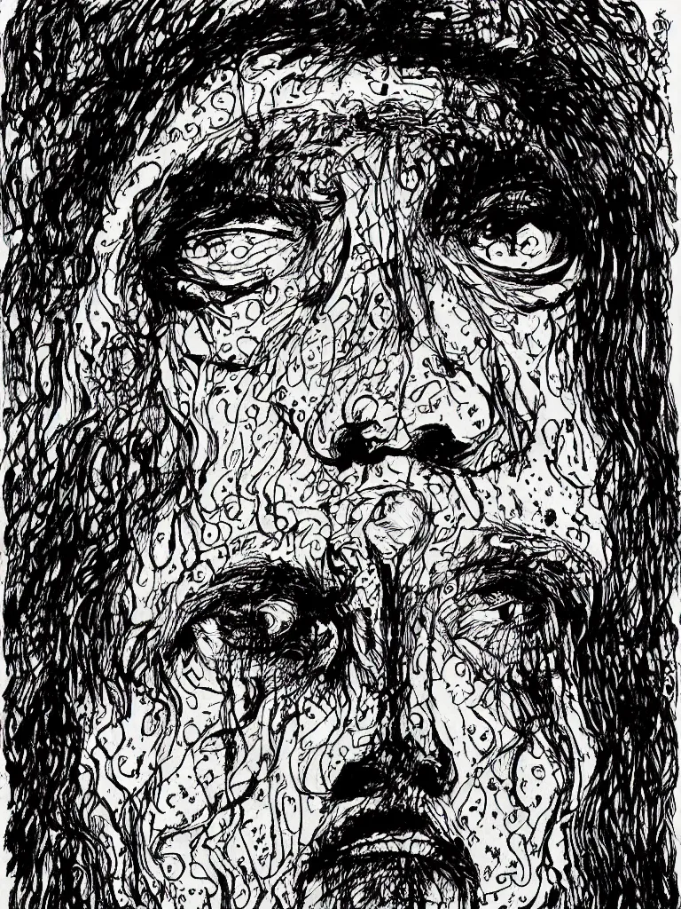 Image similar to face portrait of a shaman with a big nose and curly black hair, hand drawn illustration, ink and marker, by sergio toppi