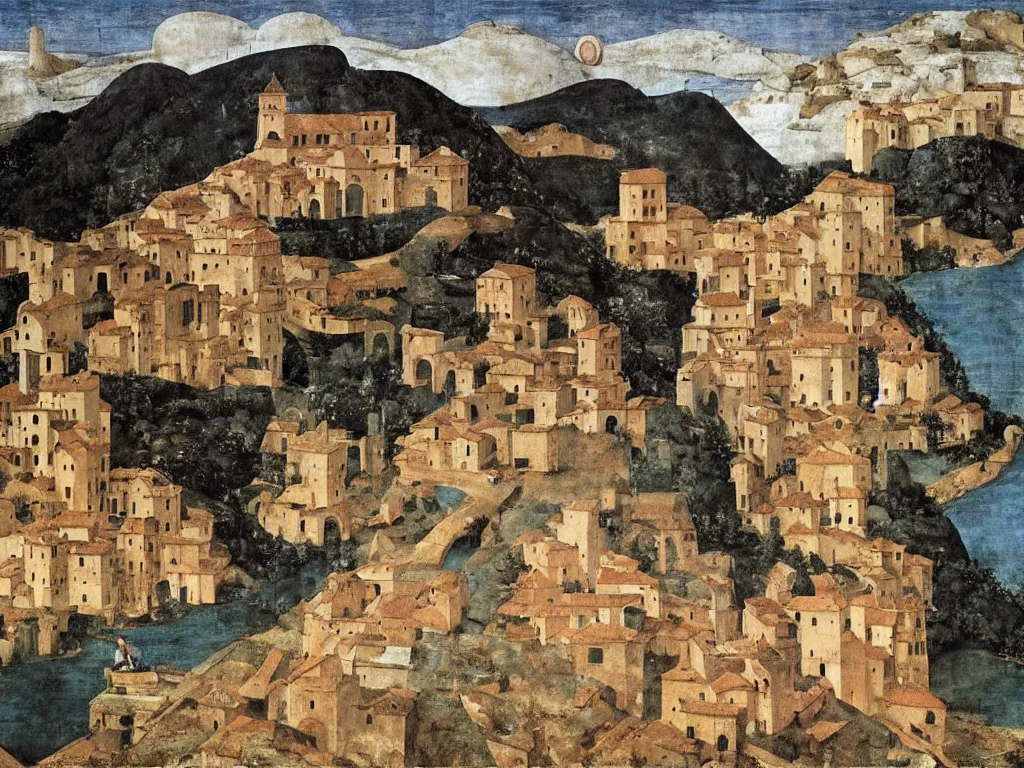 Prompt: renaissance town in flames. Monk on top of a rock, meditating. Melancholy, storm. Painting by Piero della Francesca, Fra Fillip Lippi