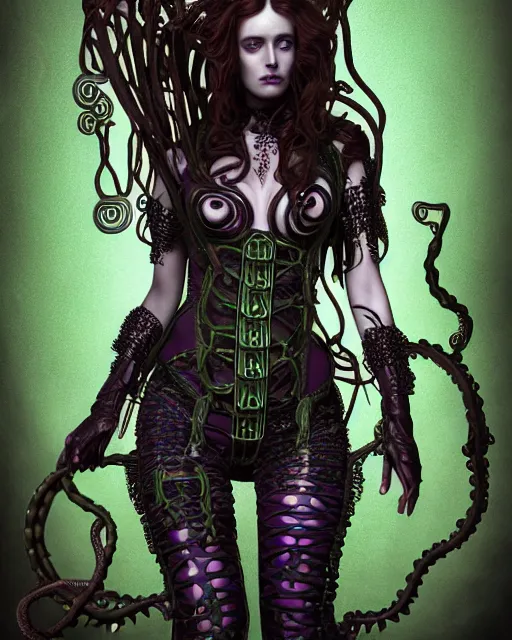 Prompt: Pre-raphaelite perfectly-centered detailed realistic RPG smooth sci-fi digital art portrait of a beautiful lovecraftian Medusa with symmetrical facial features and ravepunk snakes for hair, wearing a cyberpunk corset and reflected armor, standing next to aetherpunk towers, style of epic comic-book cover, 3D rim light, octane, backlight, cgsociety, sharp focus