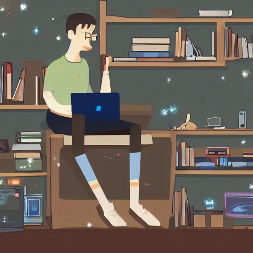 Image similar to a skinny computer nerd guy sitting on the floor of his room, crossed legs, laptop, smartphone, video games, tv, books, potions, jars, shelves, knick knacks, tranquil, calm, sparkles in the air, magic aesthetic, fantasy aesthetic, faded effect, illustration, digital illustration, detailed, highly detailed, 4K