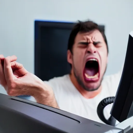 Prompt: A man screaming angrily at a computer screem