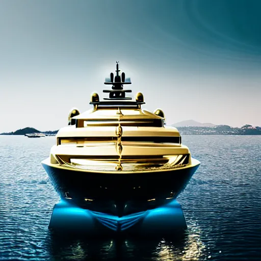 Image similar to old man polishing a gold plated mega yacht, clear and focused, elegant, photograph