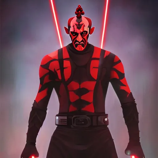 Prompt: a portrait of Darth Maul, floating in space, fully body posing, high quality character concept art, digital, trending