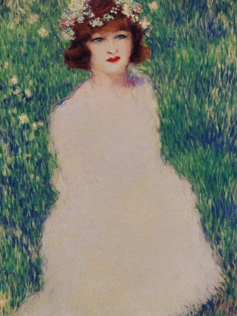 Image similar to portrait of < zelda fitzgerald > as a beautiful young lady wearing 1 9 2 0 s fashion, blurry face, brown hair, slim, fair, severe out of focus, depth of field, pleinairism, in the sun, backlit, closeup, oil on canvas, atr by monet, in the style of le promenade, smooth, impressionnisme, 8 k