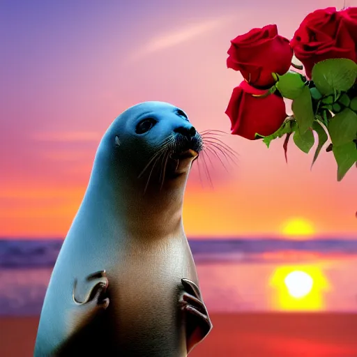 Image similar to cinematic shot of the singer Seal holding a bouquet of roses on a beach at sunset, highly intricate, highly detailed,