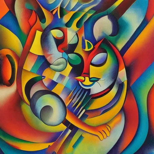 Prompt: A highly stylized conceptual art 4k shaded, finely detailed, matte painting with intricate textures and patterns of two abstract expressionist cats , their bodies intertwined together in the style of Kandinsky