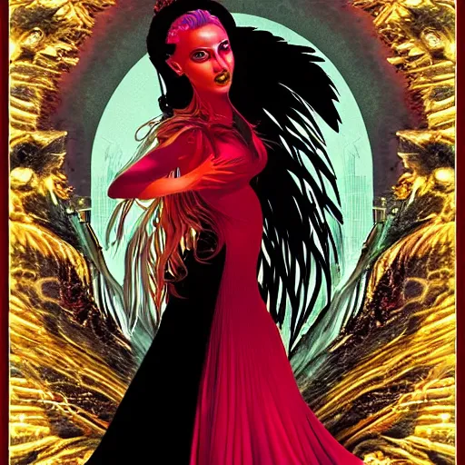 Image similar to urban fantasy character portrait of the goddess of trysts, ownership, hospitality and epiphanies, a vision in a scarlet ballgown, with raven tresses artfully atop her head, intoxicating, slight, asymmetrical face, inescapable presence, every line of perspective, every gaze, every beam of light curves towards Her, adulation