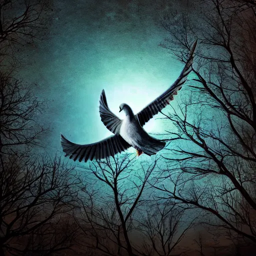 Prompt: triumphant dove in forest nightscape spooky ultrarealistic