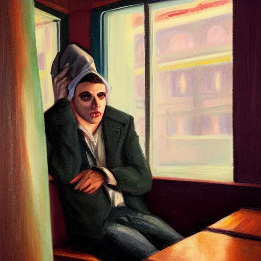 Image similar to a portrait of a vampire with a paper bag over his head, sitting in an 80s diner, painting in style of Edward Hopper, moody lighting, 4K,