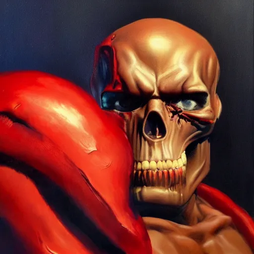 Prompt: ultra realistic portrait painting of red skull, art by frank frazetta, 4 k, ultra realistic, highly detailed, epic lighting