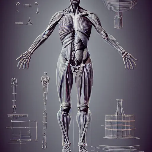 Image similar to a concept of a detailed and intricate design of a full body of human anatomy, 3 d design, great finesse organic hyper detailed, engineering blueprints, technical drawings, calculus, stained paper, hyperrealistic, ultra detailed, 4 k, octane render, unreal engine