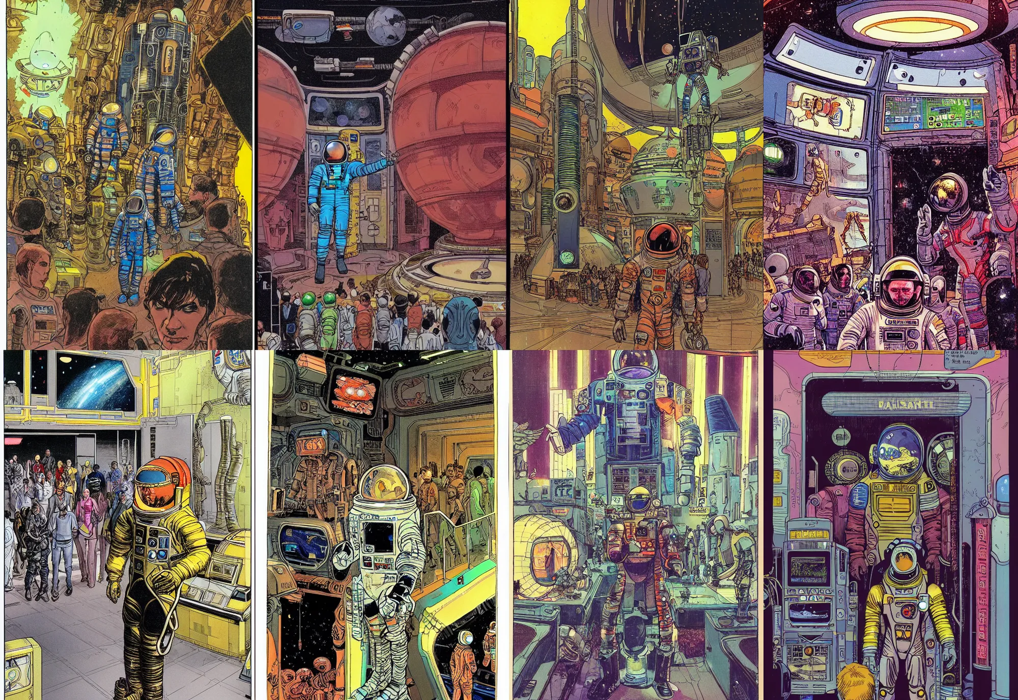 Prompt: an astronaut standing in the entrance to a bustling cyberpunk casino on mars, filled with people, robots, cyborgs, aliens, by michael mw kaluta, color
