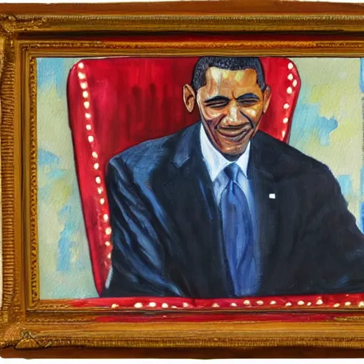 Image similar to a painting by Okeke Chukwuka Francis of Barak Obama sitting in a chair