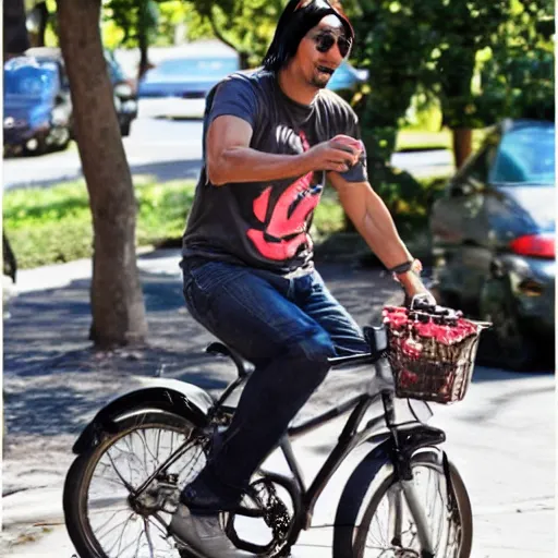 Prompt: Keanu RFeeves riding bike eating icecram cone