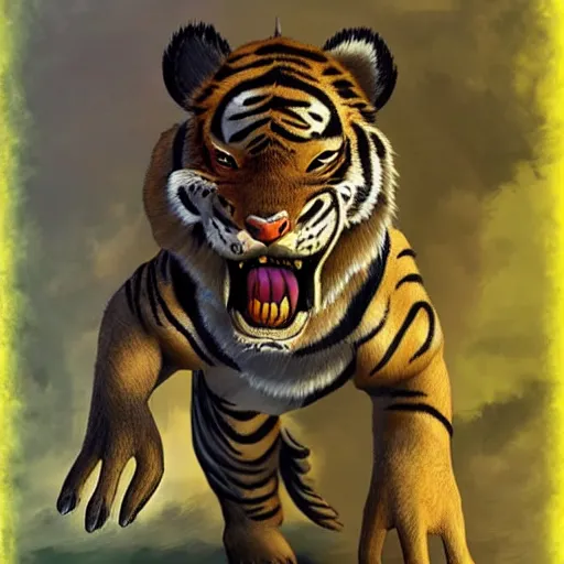 Image similar to !dream a humanoid tiger like creature with grey fur in full body armor, force fields on the armor, yellow eyes, and grey fur with teeth that protrude past their lower jaw holding rifles