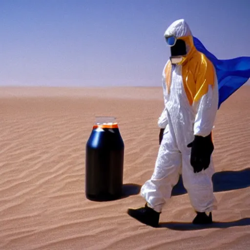 Image similar to a man wearing a hazmat suit, in the desert, giant pepsi cans imbedded in sand in background, film still, panavision panaflex