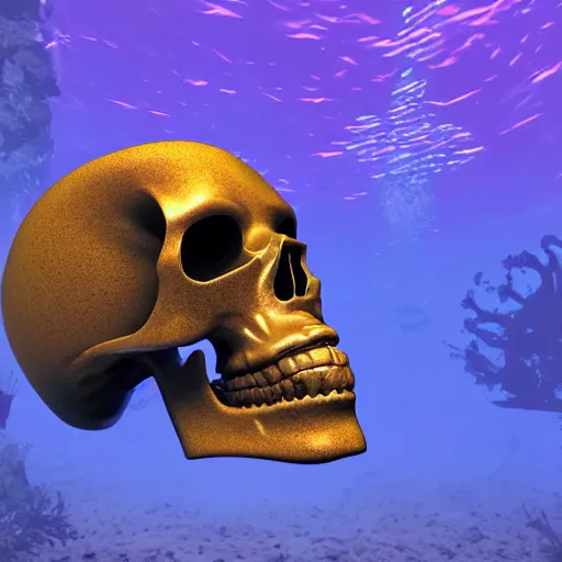 Image similar to glowing obsidian skull in a night jungle underwater