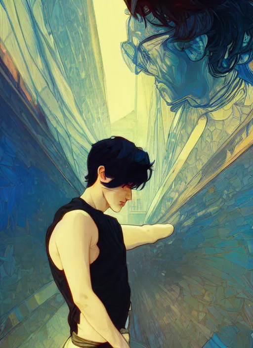 Image similar to handsome young man with short black hair, male, dressed in blue, looking down, half body shot, arms down, path traced, highly detailed, high quality, digital painting, posuka demizu, alphonse mucha, alena aenami