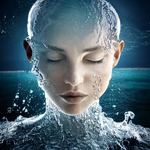 Image similar to water artwork manipulation in the shape of a human head, on the ocean water, futuristic, award winning, hyper realistic, ray tracing, realistic water, sharp focus, long shot, 8 k resolution, cinematic, photoshop water art