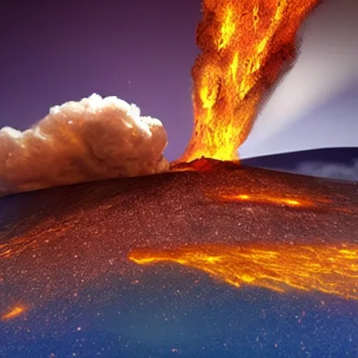 Image similar to fiery meteorite crashing into an active volcano, artist's impression