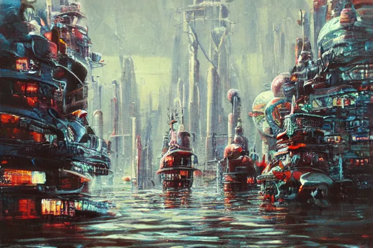 Image similar to river boats speeding between spherical tree houses on flooded streets of new york painting by ( ( ( ( ( h. r. giger ) ) ) ) ) and paul lehr