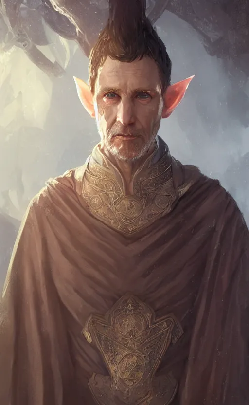 Prompt: Portrait of a middle aged elf wearing a wizards robes, male, detailed face, fantasy, highly detailed, cinematic lighting, digital art painting by greg rutkowski