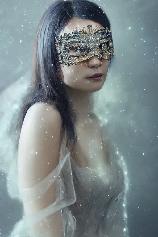 Image similar to A fancy portrait of a women wearing crystal mask by Greg Rutkowski, beeple, Sung Choi, Mitchell Mohrhauser, Maciej Kuciara, Johnson Ting, Maxim Verehin, Peter Konig, final fantasy, macro lens, 35mm, 8k photorealistic, cinematic lighting, HD, high details, dramatic, dark atmosphere, trending on artstation