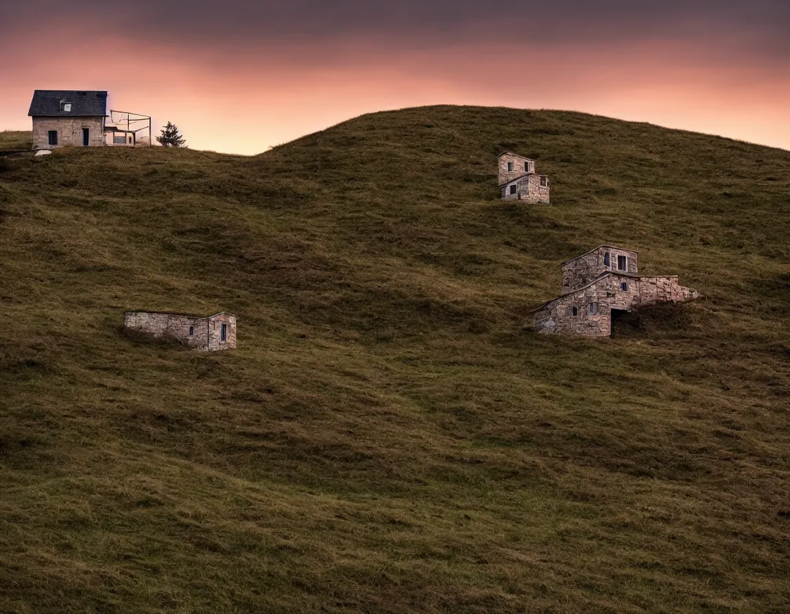 Prompt: small house on a hill, modern architecture, stone walls, house concept, sunset, morning, stary sky, rtx lighting, cloudy sky