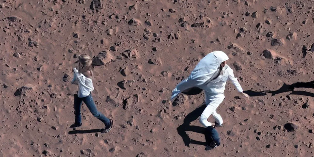 Image similar to elon musk and margot robbie holding hands on mars, highly detailed, hyper realistic