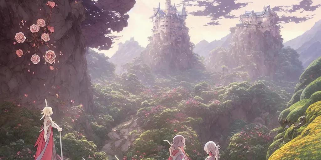 Image similar to the knight and the sword of rose petal, anime, castle core, mountains, rocky roads. by hayao miyazaki and rossdraws and artgerm and greg rutkowski and alphonse mucha and studio ghibli. high quality, stunning, intricate detailed environment. 8 k