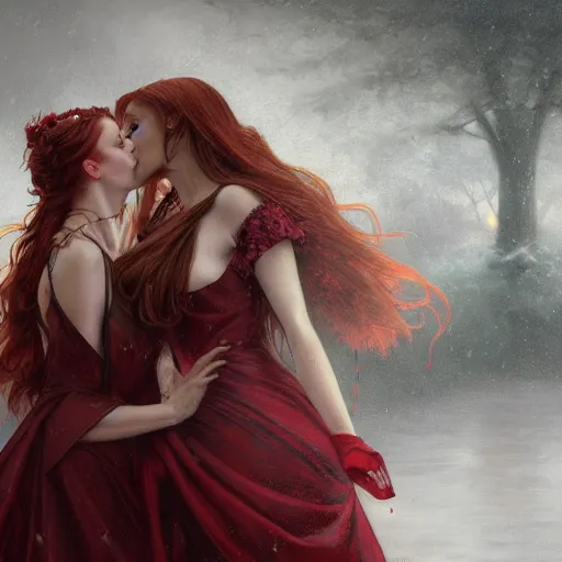 Image similar to a highly detailed portrait of polyamorous red haired vampire queens kissing in the rain wearing a blood red dress, epic fantasy, viewed in profile from far away, ultrawide lens, art by artgerm and greg rutkowski and alphonse mucha, volumetric lighting, 4 k resolution, trending on artstation, masterpiece