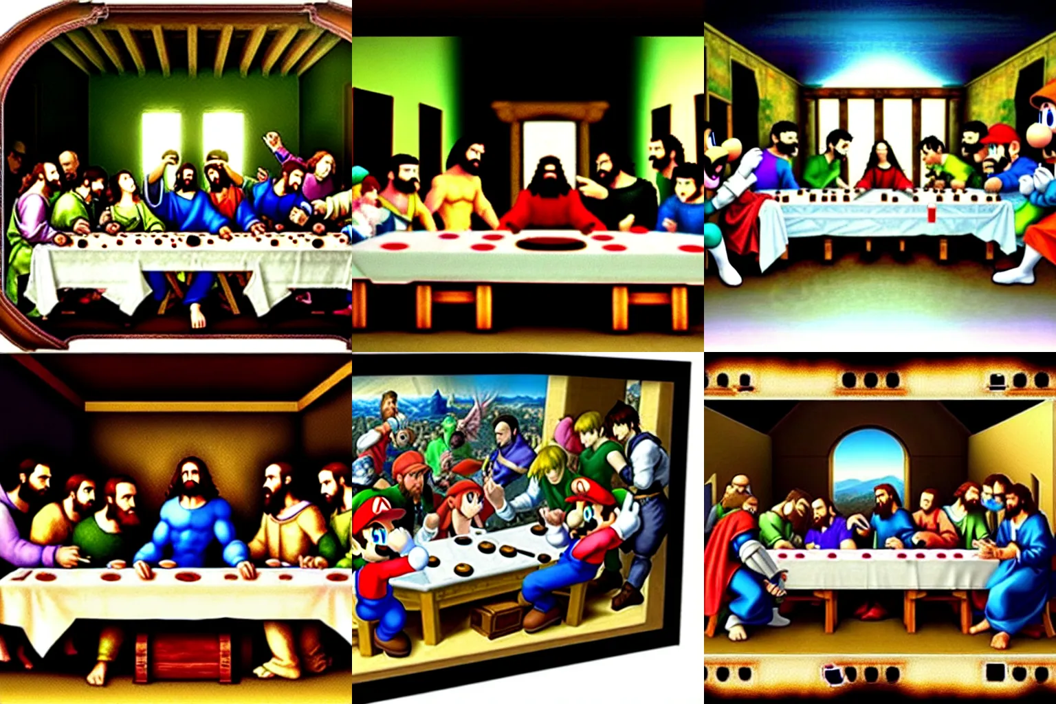 Image similar to smash bros renaissance painting of the last supper with nintendo consoles and game boxes piled everywhere