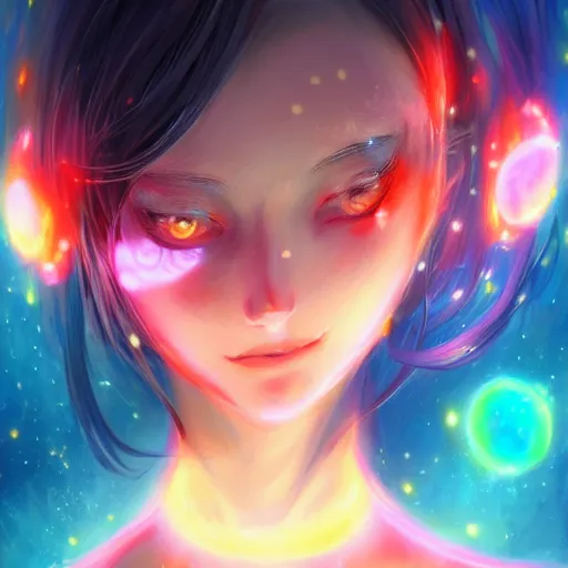 Image similar to A realistic anime painting of a beautiful cosmic woman with glowing red eyes and cosmic skin wearing clothes made of universes, digital painting, by Stanley Artgerm Lau, Sakimichan, WLOP, Makoto Shinkai, Rossdraws, Pixivs, digital painting, trending on Pixiv, SFW version —H 1024