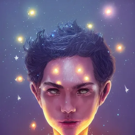 Image similar to man whose skin is a field of twinkling stars, award-winning portrait, fantasy horror, trending on artstation, 8k, 4k, pixiv, matte finish, highly detailed