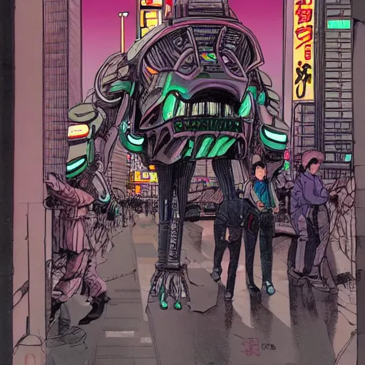 Image similar to moebius, mechanical inhuman monsters walking the streets of shinjuku,