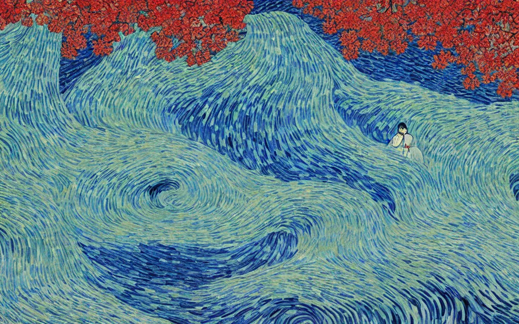 Prompt: a beautiful quiet park in fukuoka, fractal waves. japanese embroidery. retro minimalist art by jean giraud and van gogh.